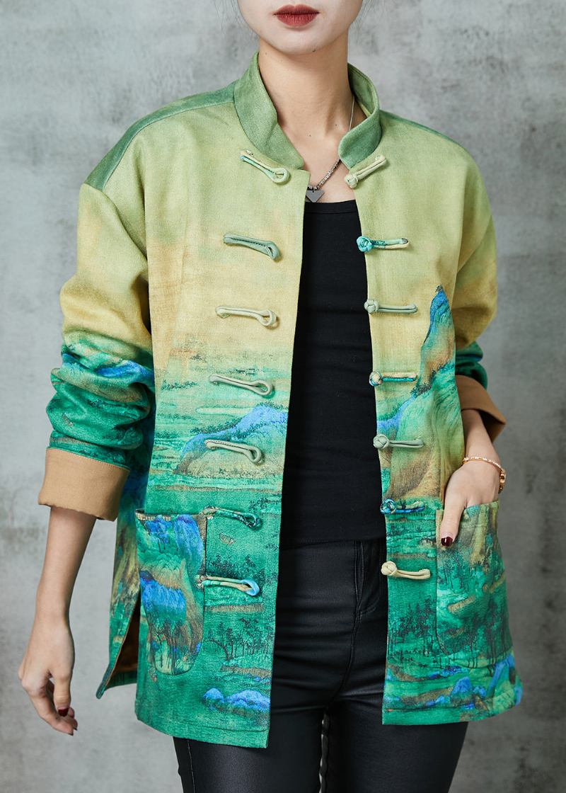 Kunstvolle Chinesische Seidenjacke Mit Knöpfen Grüner Druck Frühling