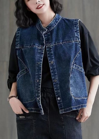 Kurze Dunkelblaue Patchwork-jeansweste Mit Knopfleiste