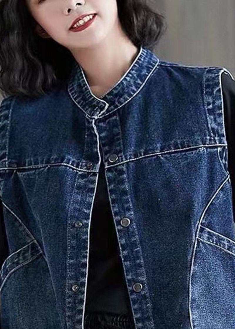 Kurze Dunkelblaue Patchwork-jeansweste Mit Knopfleiste - Dunkelblau