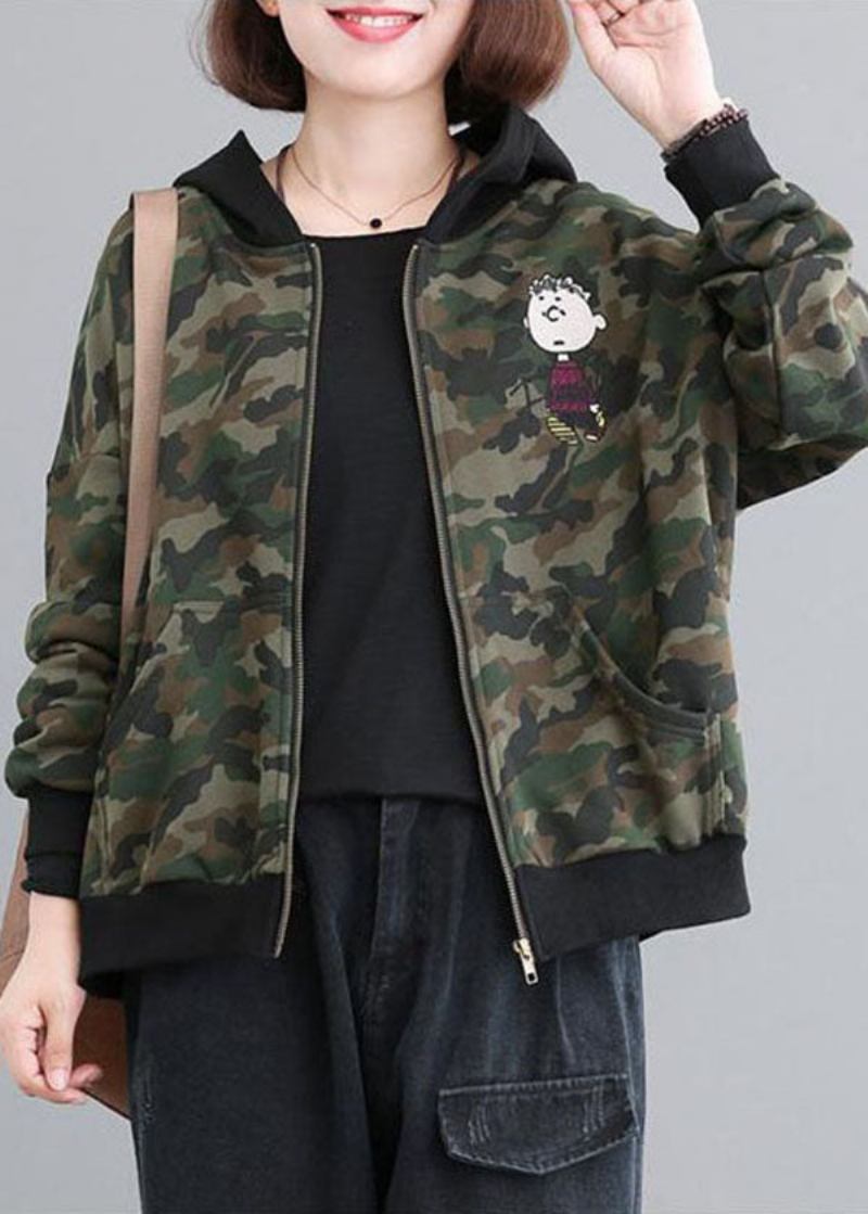 Lässige Grüne Mit Reißverschluss Versehene Patchwork-kapuzenjacke Aus Baumwolle Mit Camouflage-muster Herbst - Damen-Wintermäntel