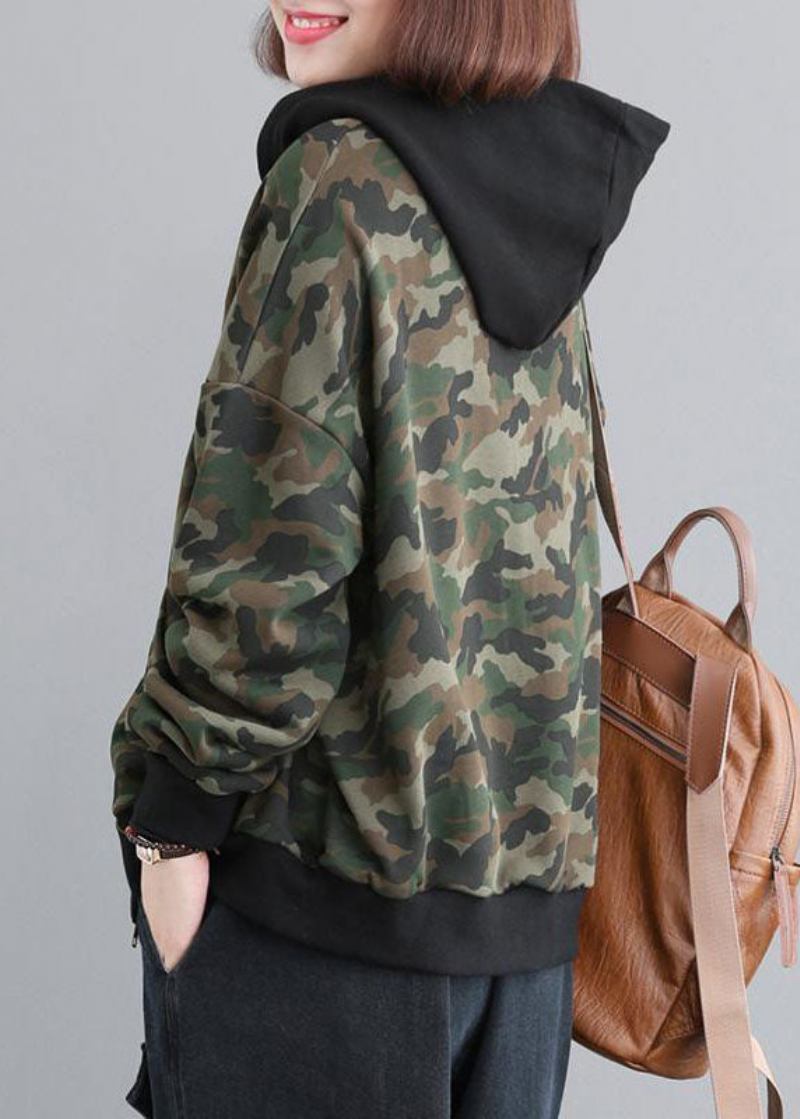 Lässige Grüne Mit Reißverschluss Versehene Patchwork-kapuzenjacke Aus Baumwolle Mit Camouflage-muster Herbst - Damen-Wintermäntel