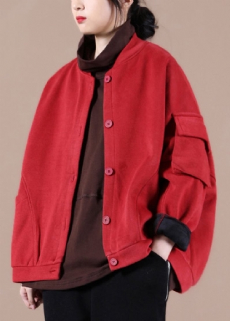 Lässige Rote Warme Fleecejacke Mit Stehkragen Und Taschen Winter