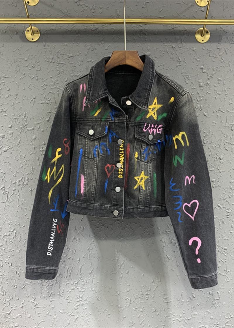 Lässige Schwarz-graue Jeansjacke Mit Graffiti-revers Im Herbst