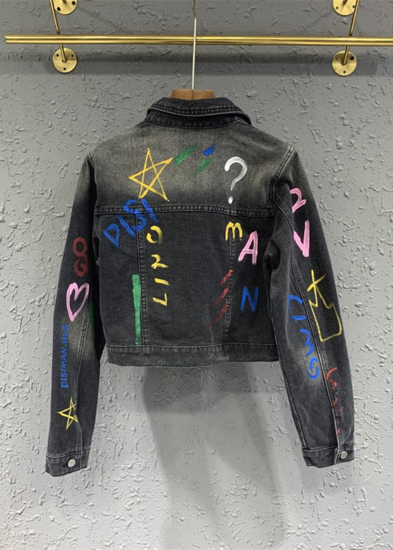 Lässige Schwarz-graue Jeansjacke Mit Graffiti-revers Im Herbst - Damen-Wintermäntel