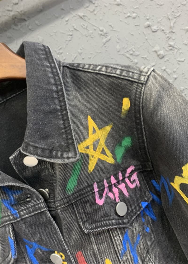 Lässige Schwarz-graue Jeansjacke Mit Graffiti-revers Im Herbst - Damen-Wintermäntel