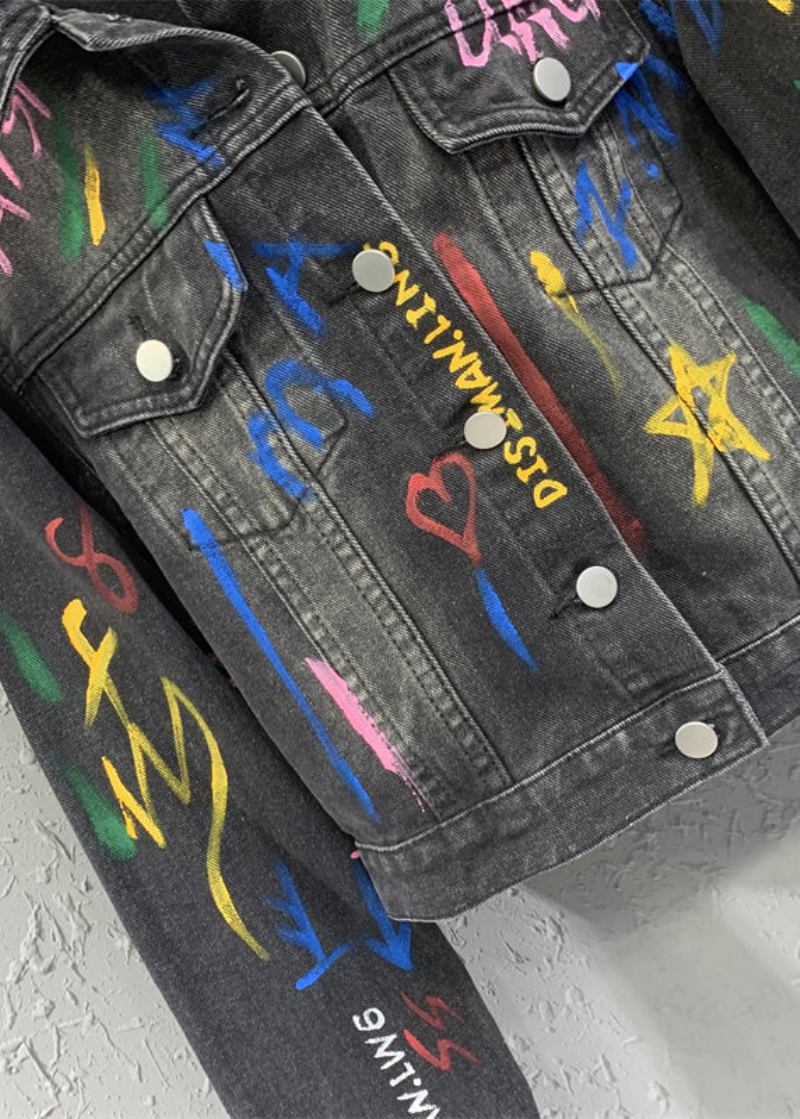 Lässige Schwarz-graue Jeansjacke Mit Graffiti-revers Im Herbst - Damen-Wintermäntel