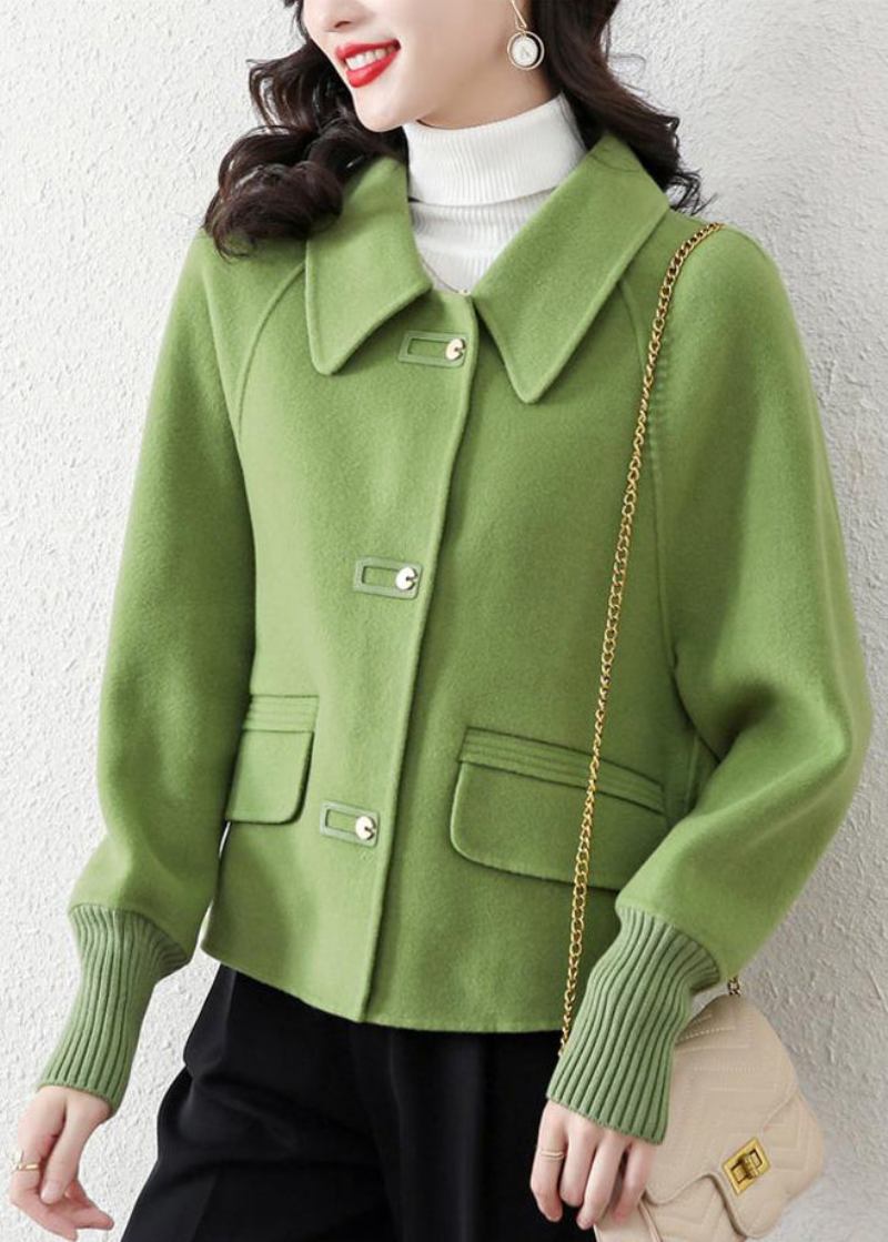 Lässige Wolljacke Mit Peter-pan-kragen In Grasgrün Frühling - Damen-Wintermäntel