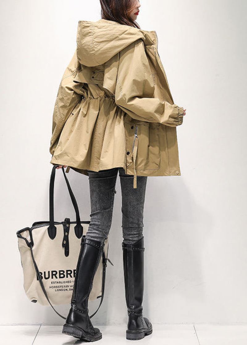 Lässiger Baumwoll-trenchcoat Mit Reißverschluss Taschen Und Kordelzug Und Kapuze In Khakifarbenem Frühling - Damen-Wintermäntel