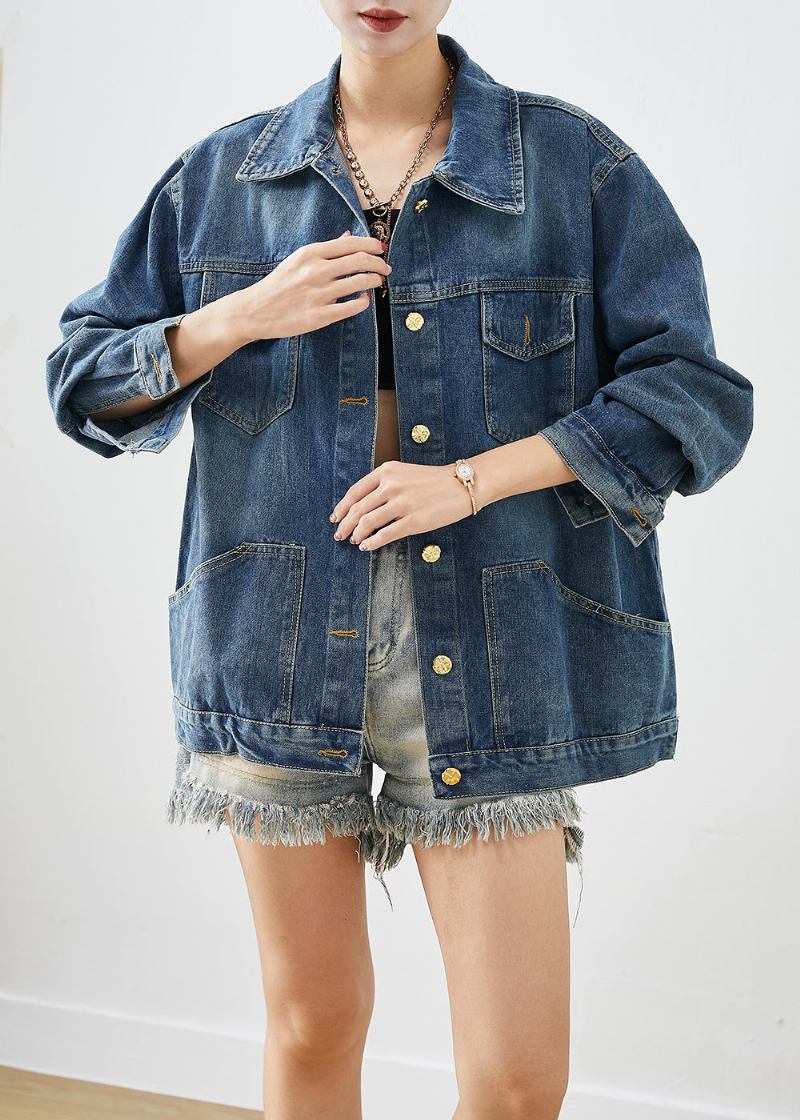 Lässiger Blauer Übergroßer Patchwork-denim-mantel Für Den Herbst - Damen-Wintermäntel