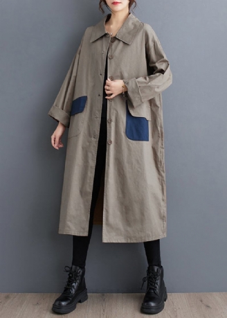 Lässiger Khakifarbener Baumwoll-trenchcoat Mit Peter-pan-kragen Und Taschen Herbst