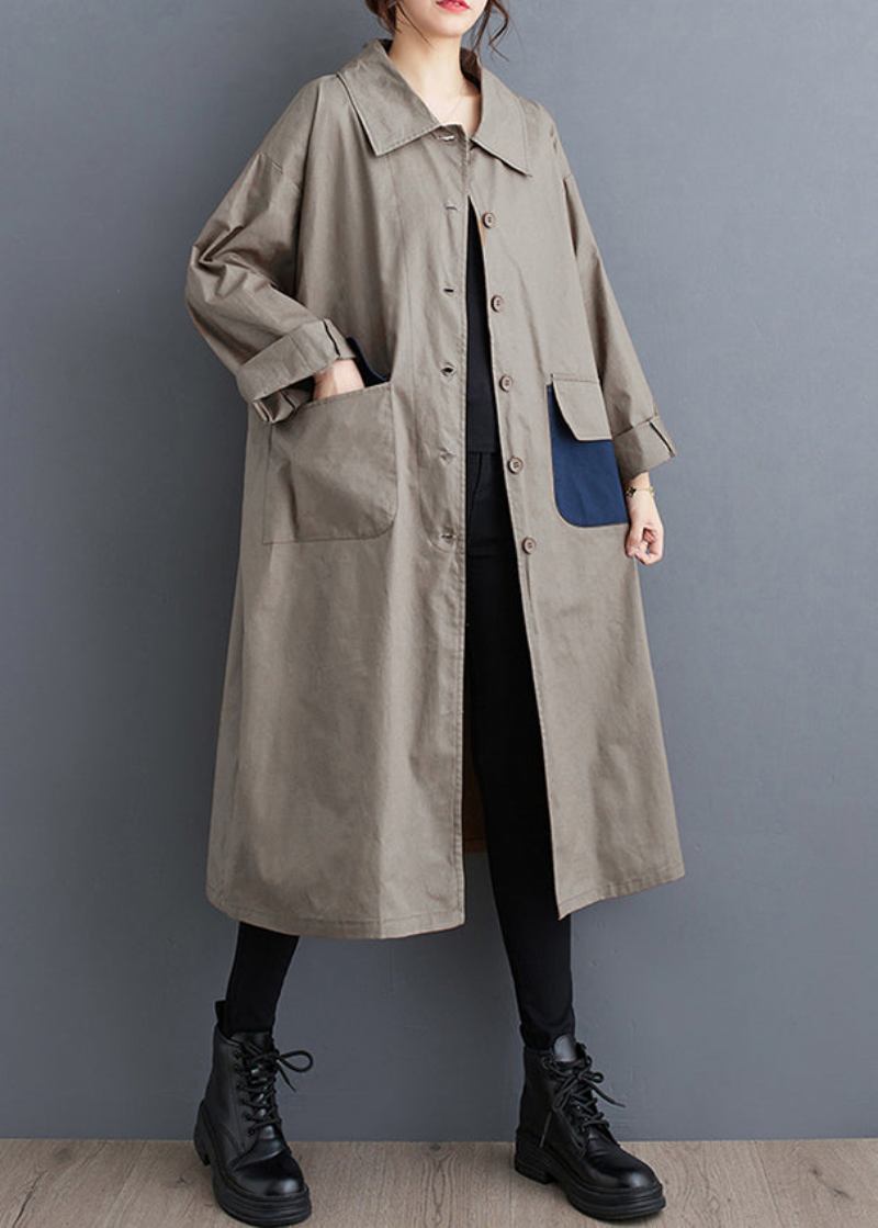 Lässiger Khakifarbener Baumwoll-trenchcoat Mit Peter-pan-kragen Und Taschen Herbst - Damen-Wintermäntel