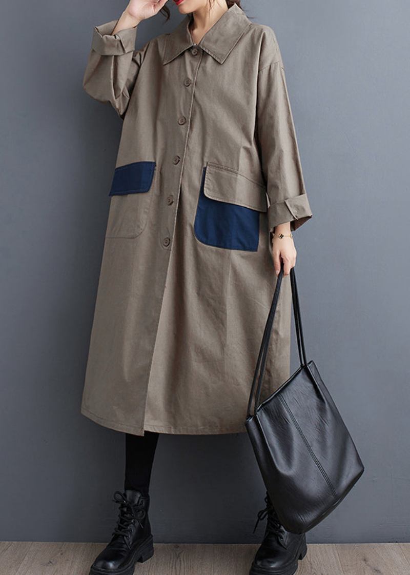 Lässiger Khakifarbener Baumwoll-trenchcoat Mit Peter-pan-kragen Und Taschen Herbst - Damen-Wintermäntel