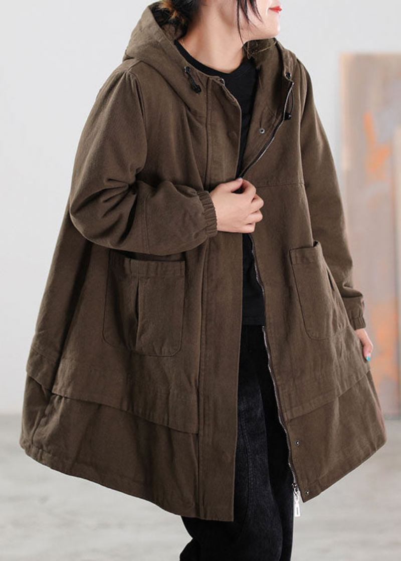 Lässiger Parka Aus Baumwolle Mit Taschen Und Kordelzug In Khaki Für Den Winter - Khaki