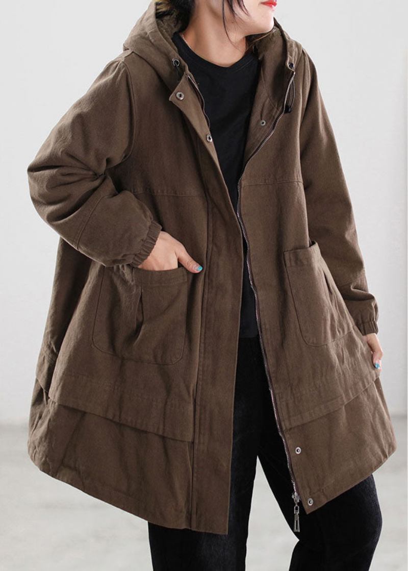 Lässiger Parka Aus Baumwolle Mit Taschen Und Kordelzug In Khaki Für Den Winter - Khaki