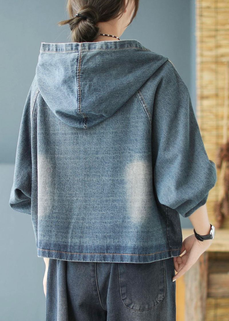 Lässiger Schwarzer Patchwork-mantel Aus Denim Mit Kapuze Für Damen - Schwarz