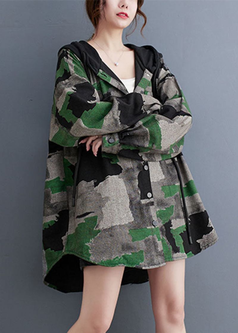 Langärmlige Zerknitterte Kapuzenmäntel In Übergröße Mit Camouflage-print - Damen-Wintermäntel