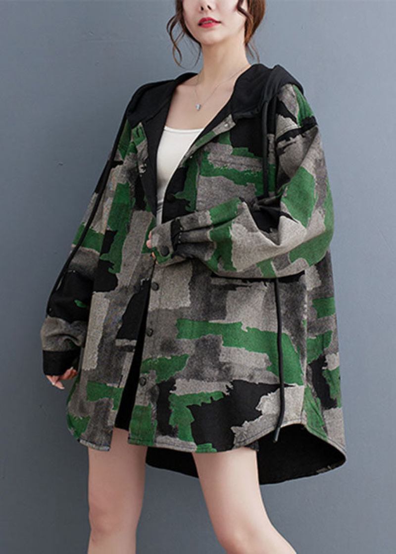 Langärmlige Zerknitterte Kapuzenmäntel In Übergröße Mit Camouflage-print - Damen-Wintermäntel