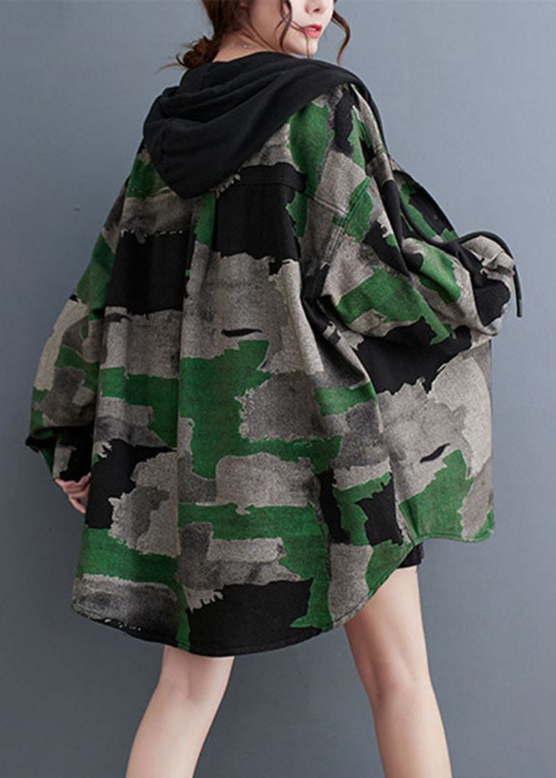 Langärmlige Zerknitterte Kapuzenmäntel In Übergröße Mit Camouflage-print - Damen-Wintermäntel