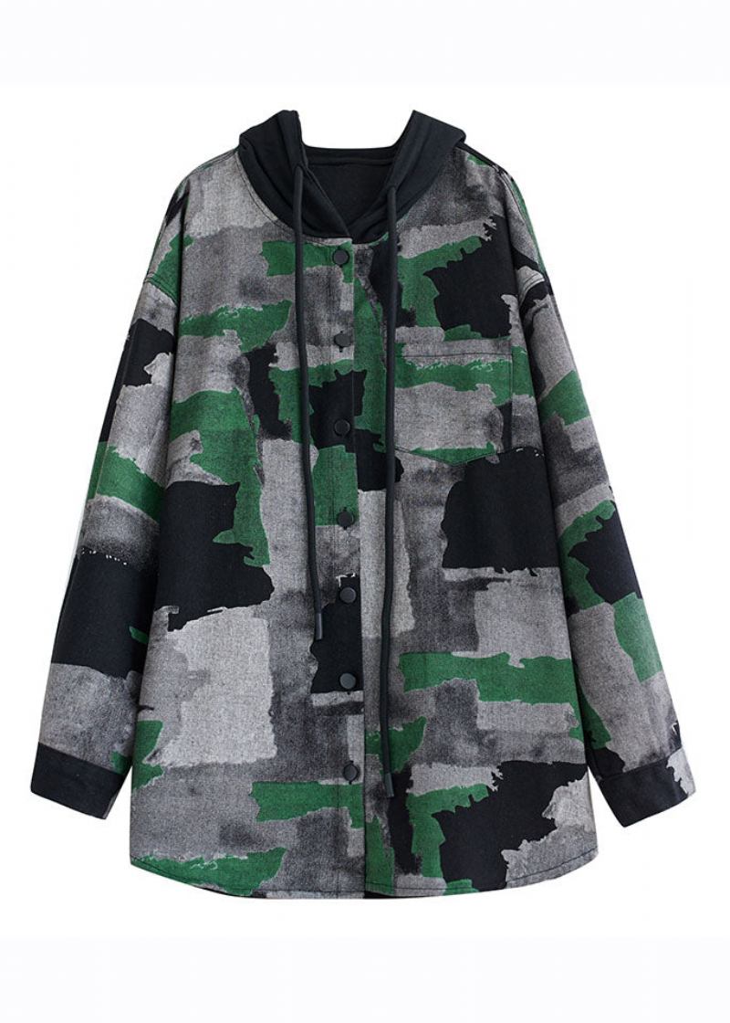 Langärmlige Zerknitterte Kapuzenmäntel In Übergröße Mit Camouflage-print - Damen-Wintermäntel