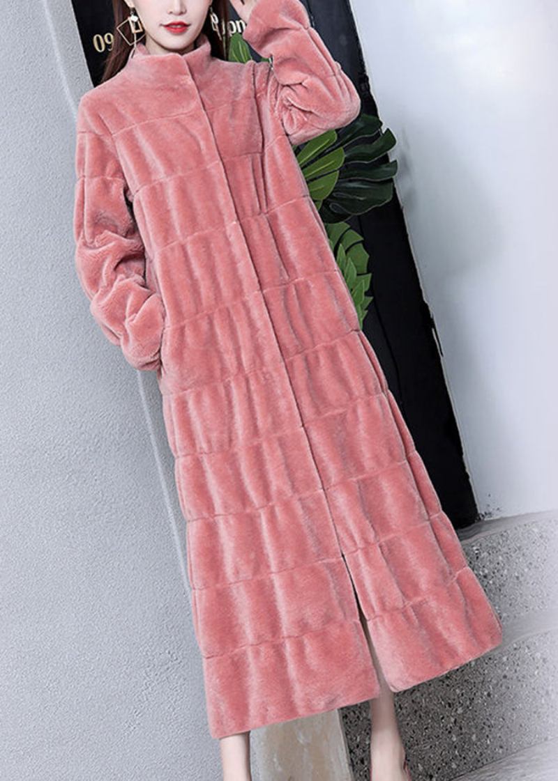 Langer Mehrlagiger Wollmantel Mit Stehkragen In Rosa Für Den Winter