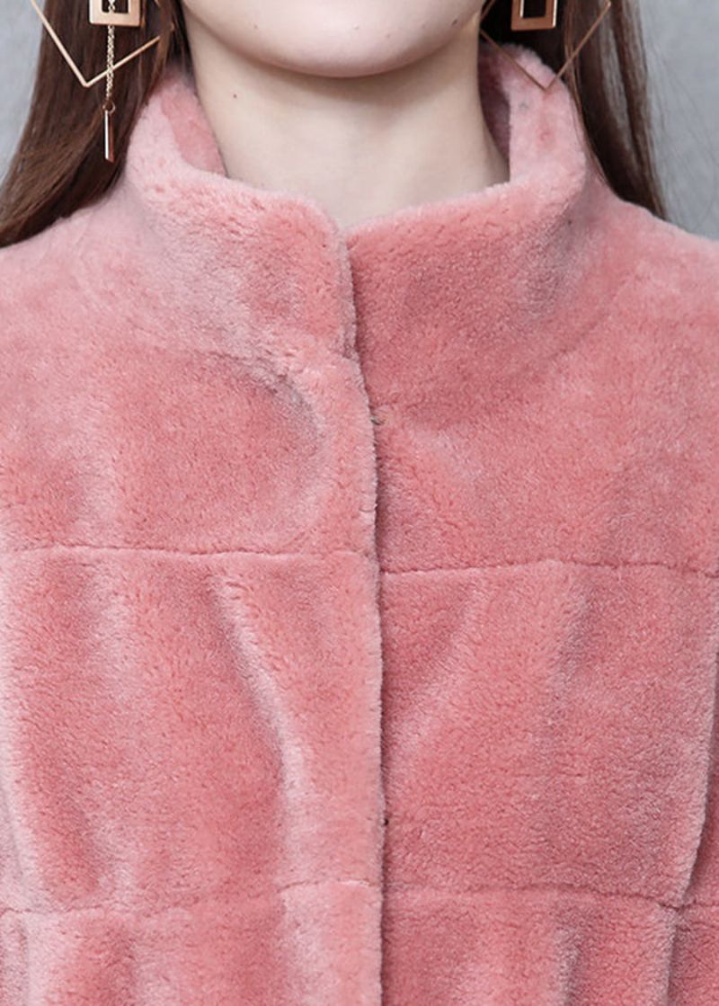 Langer Mehrlagiger Wollmantel Mit Stehkragen In Rosa Für Den Winter - Damen-Wintermäntel