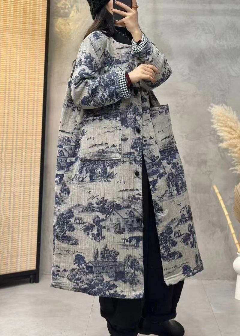 Langer Trenchcoat Mit Baumwollfüllung Und Vintage-blaudruck Und Taschen Lange Ärmel