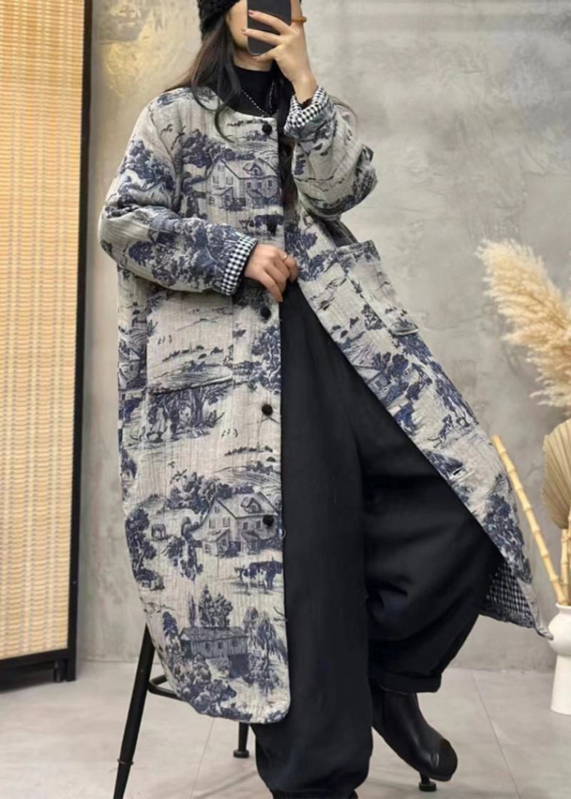 Langer Trenchcoat Mit Baumwollfüllung Und Vintage-blaudruck Und Taschen Lange Ärmel - Damen-Wintermäntel