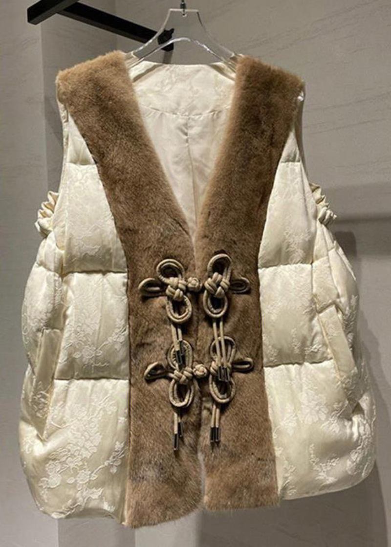 Lockere Beige Patchwork-weste Aus Nerzhaar Mit Knopf Und Entendaunen Ärmellos - Damen-Wintermäntel