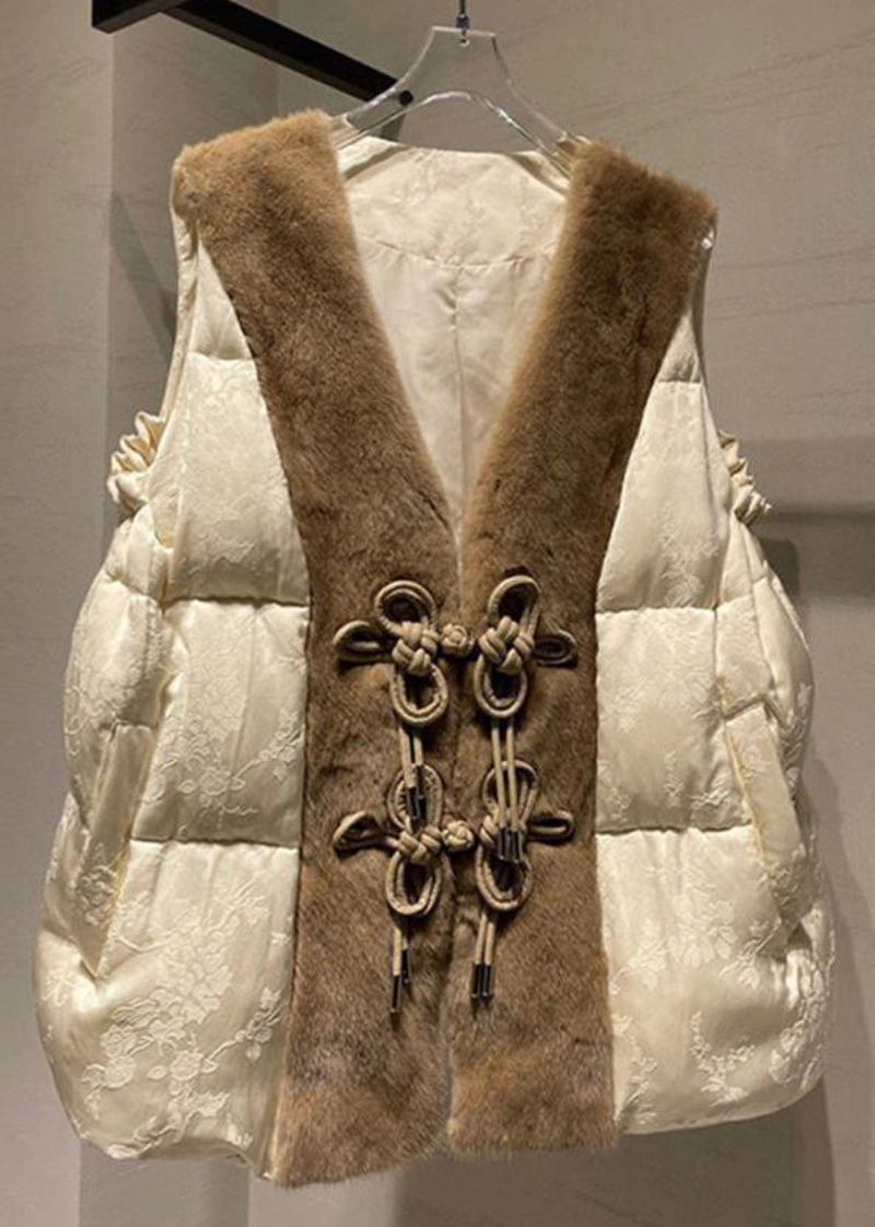 Lockere Beige Patchwork-weste Aus Nerzhaar Mit Knopf Und Entendaunen Ärmellos - Damen-Wintermäntel