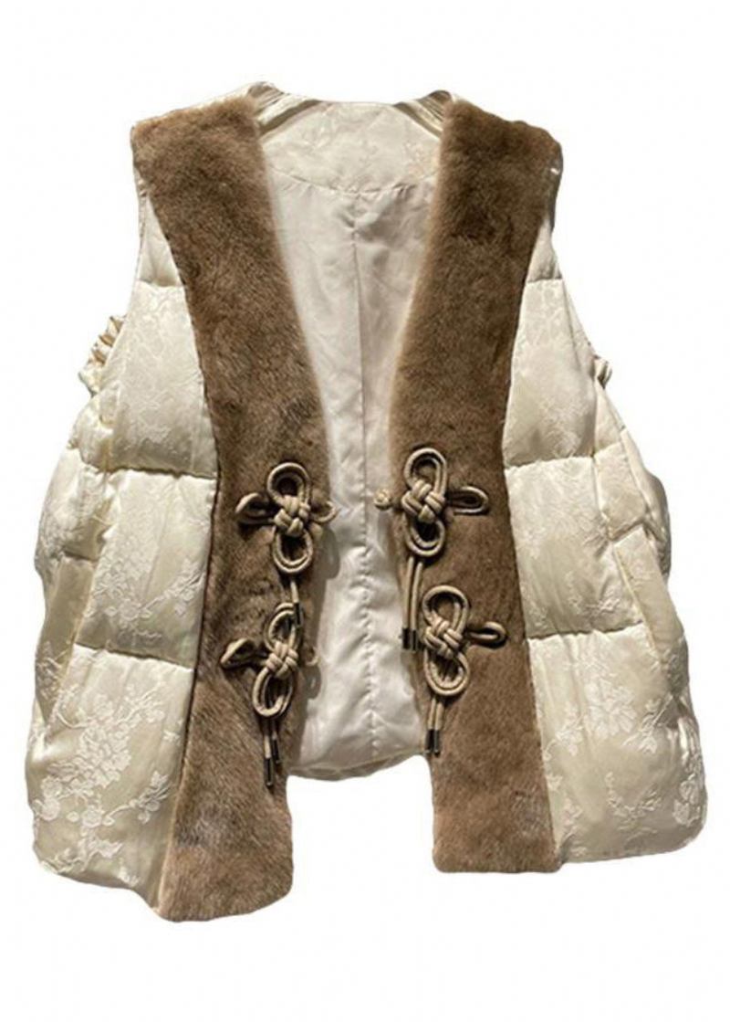 Lockere Beige Patchwork-weste Aus Nerzhaar Mit Knopf Und Entendaunen Ärmellos - Damen-Wintermäntel