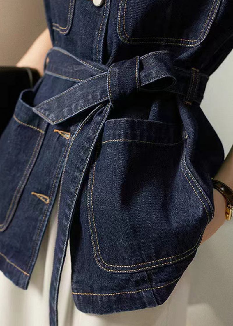 Lockere Blaue Jeansweste Mit Knopf Und Taillengürtel Und Taschen Ärmellos - Damen-Wintermäntel