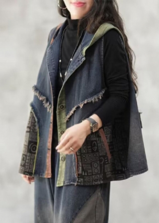 Lockere Blaue Patchwork-jeansweste Mit Kapuze Und Knöpfen Für Den Herbst Ärmellos