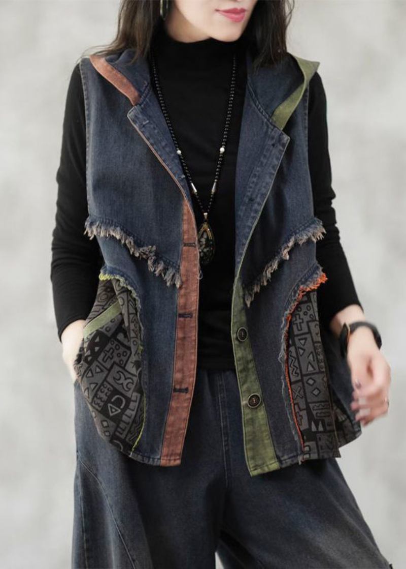 Lockere Blaue Patchwork-jeansweste Mit Kapuze Und Knöpfen Für Den Herbst Ärmellos - Damen-Wintermäntel