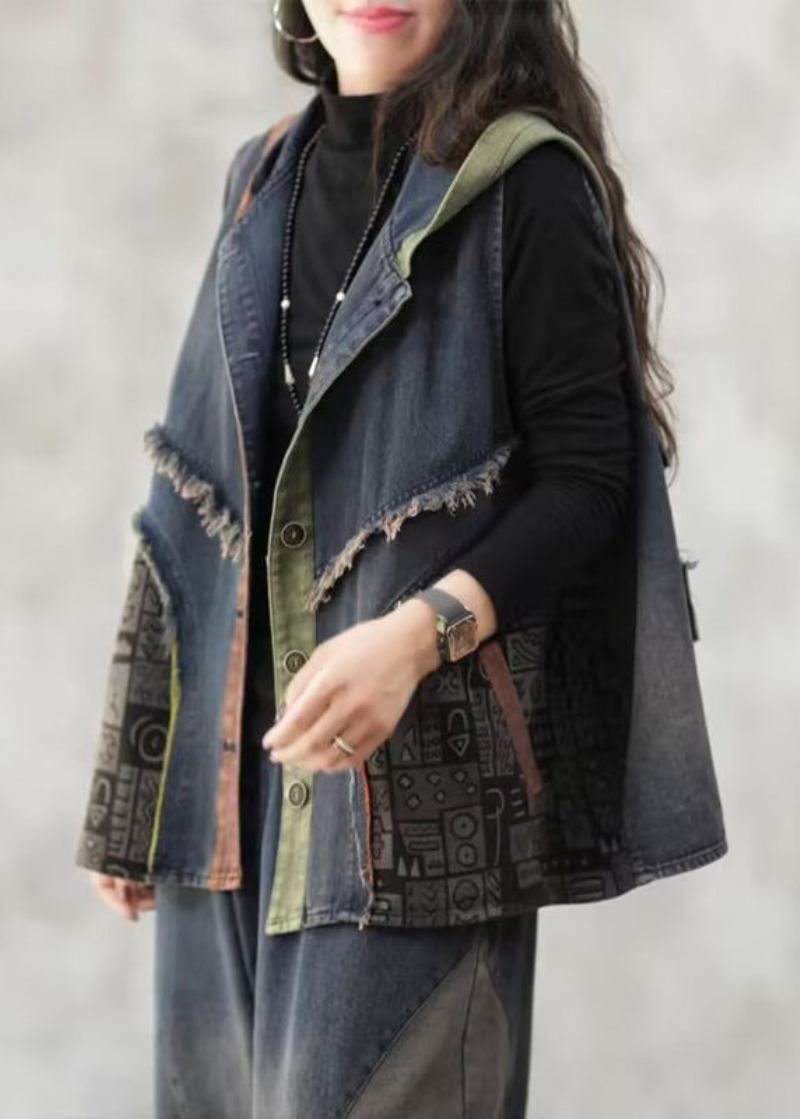 Lockere Blaue Patchwork-jeansweste Mit Kapuze Und Knöpfen Für Den Herbst Ärmellos - Damen-Wintermäntel