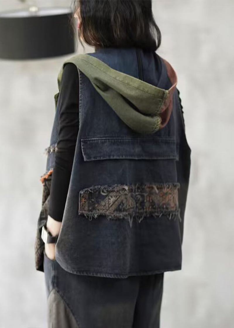 Lockere Blaue Patchwork-jeansweste Mit Kapuze Und Knöpfen Für Den Herbst Ärmellos - Damen-Wintermäntel