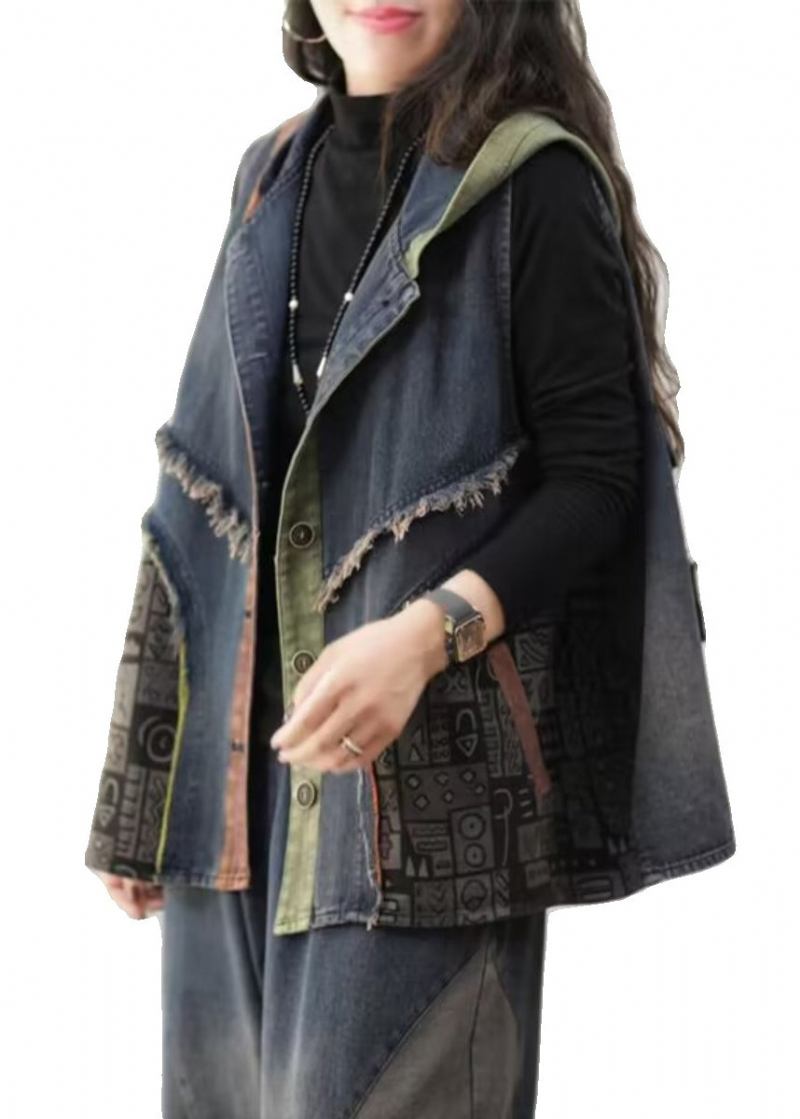 Lockere Blaue Patchwork-jeansweste Mit Kapuze Und Knöpfen Für Den Herbst Ärmellos - Damen-Wintermäntel