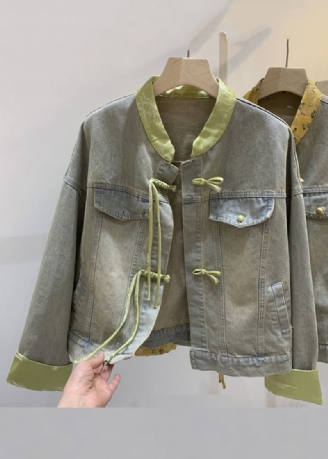 Lockere Grüne Chinesische Patchwork-jeansjacke Mit Knöpfen Lange Ärmel