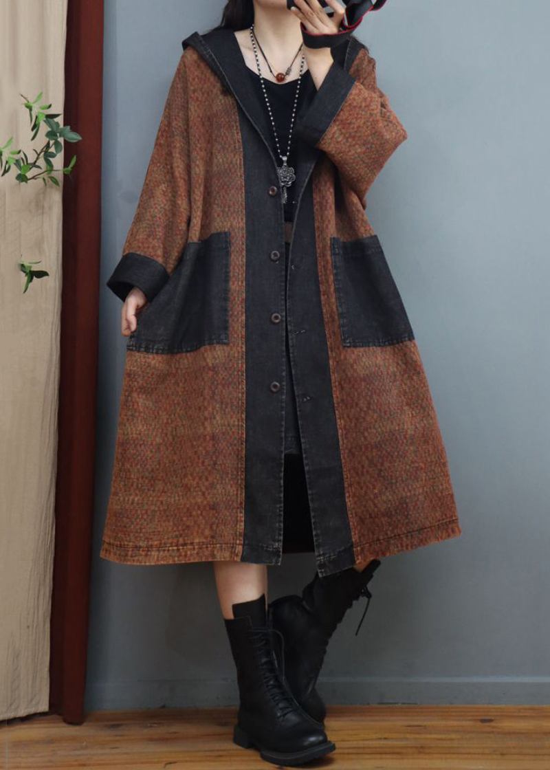 Lockere Kaffeefarbene Patchwork-denim-langmäntel Mit Kapuze Und Knöpfen Für Den Herbst - Damen-Wintermäntel