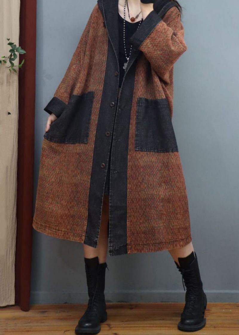 Lockere Kaffeefarbene Patchwork-denim-langmäntel Mit Kapuze Und Knöpfen Für Den Herbst - Damen-Wintermäntel