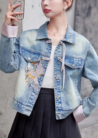 Lockere Rosa Jeansjacke Mit Knöpfen Und Stickereien Lange Ärmel