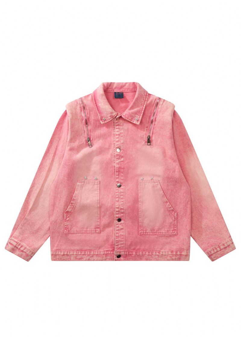 Lockere Rosa Patchwork-jeansmäntel Mit Knopftaschen Im Unisex-stil Im Herbst - Damen-Wintermäntel