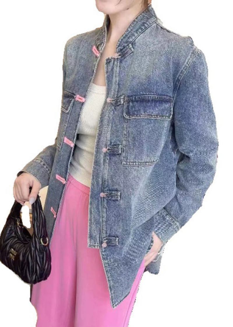 Lockerer Blauer Bestickter Denim-mantel Mit Langen Ärmeln - Damen-Wintermäntel