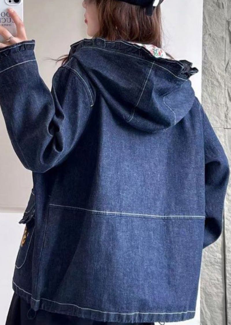 Lockerer Blauer Jeansmantel Mit Kapuze Und Stickereien Und Taschen Langärmlig - Damen-Wintermäntel