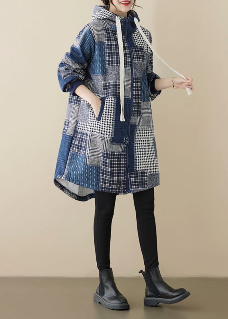 Lockerer Blauer Karierter Patchwork-mantel Mit Reißverschluss Und Warmer Fleece-kapuze Frühling - Damen-Wintermäntel