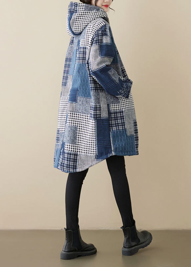 Lockerer Blauer Karierter Patchwork-mantel Mit Reißverschluss Und Warmer Fleece-kapuze Frühling - Damen-Wintermäntel