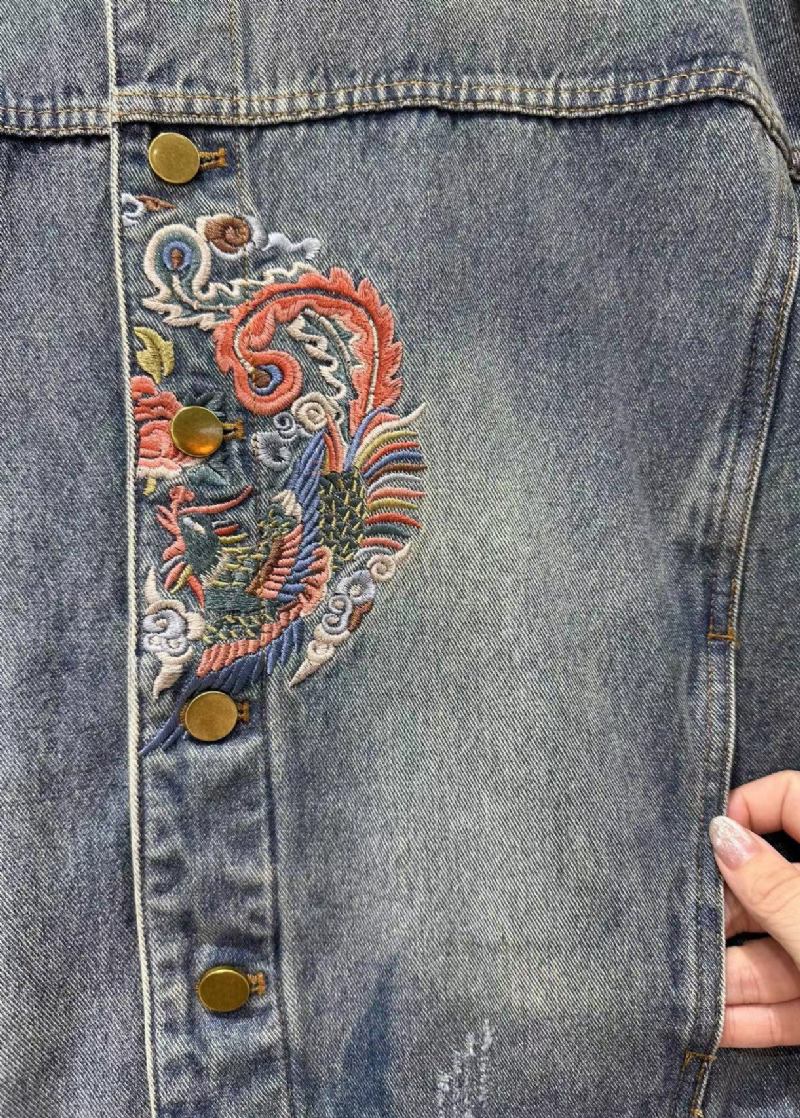 Lockerer Blauer Patchwork-jeansmantel Mit Bestickten Knöpfen Für Den Herbst - Damen-Wintermäntel