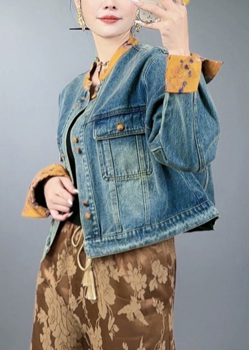 Lockerer Blauer Patchwork-mantel Aus Denim Mit Knopftaschen Frühling - Damen-Wintermäntel