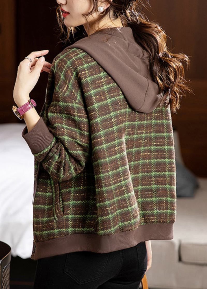 Lockerer Grüner Plaid Kapuze Reißverschluss Patchwork Baumwollmantel Herbst - Damen-Wintermäntel