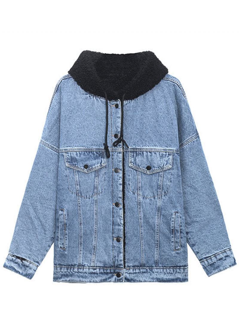 Luxus-winterjacke Aus Blauem Denim Mit Taschen Patchwork - Damen-Wintermäntel