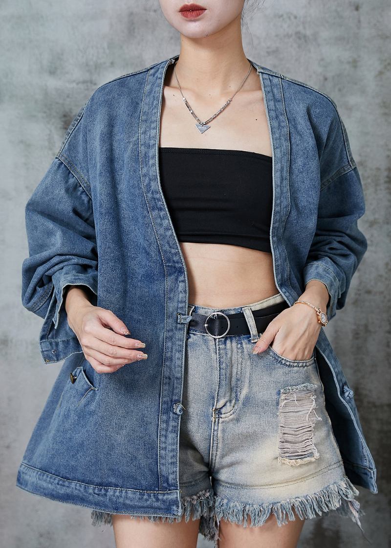 Marineblaue Übergroße Jeansjacke Mit Chinesischen Knöpfen Frühling